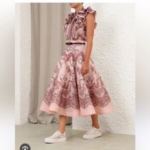 Zimmermann Pink Paisley Midi Skirt Dress with Ruffle Bodice